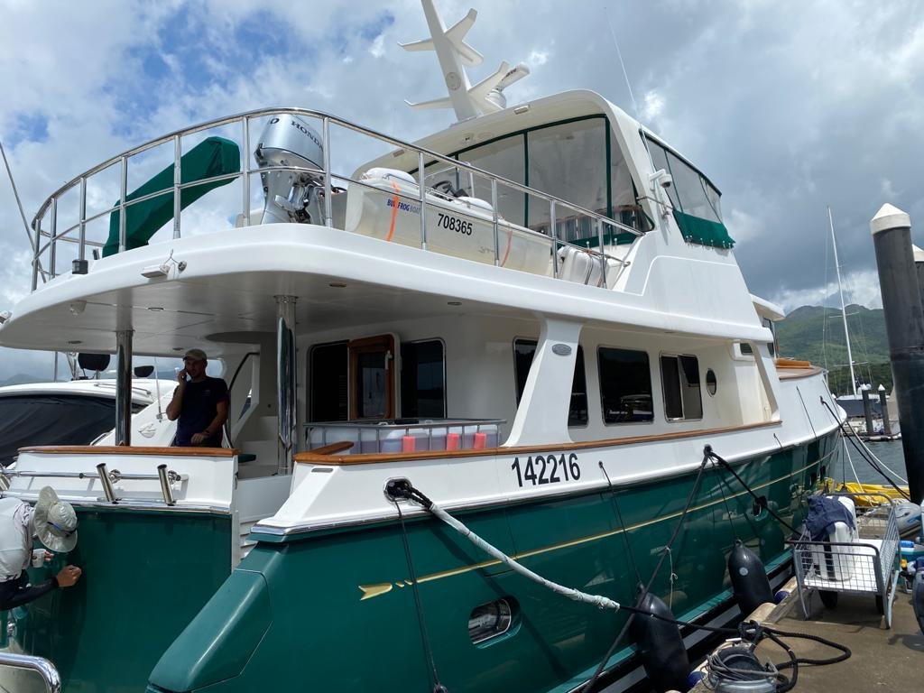Green Selene 60 OE on the dock taken from the starboard aft side after the delivery from HK