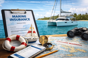 a picture with yacht insurance policy in the foreground and a sailing catamaran in the background in Australia