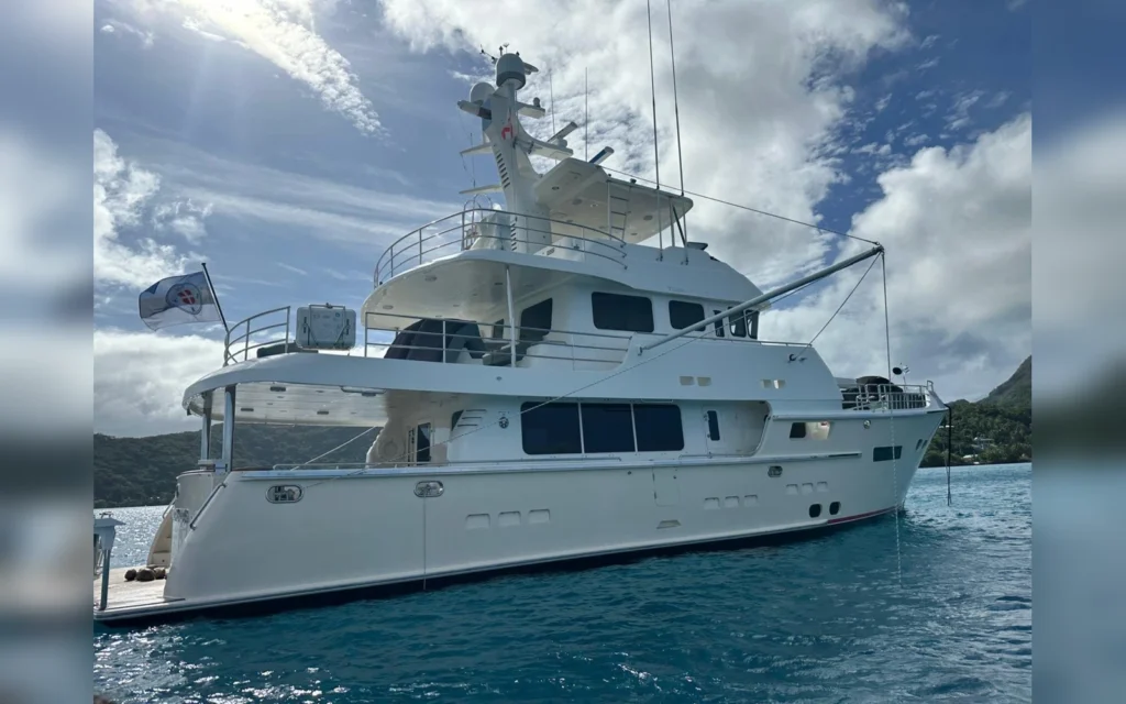 nordhavn 76 before a yacht delivery with blue sky