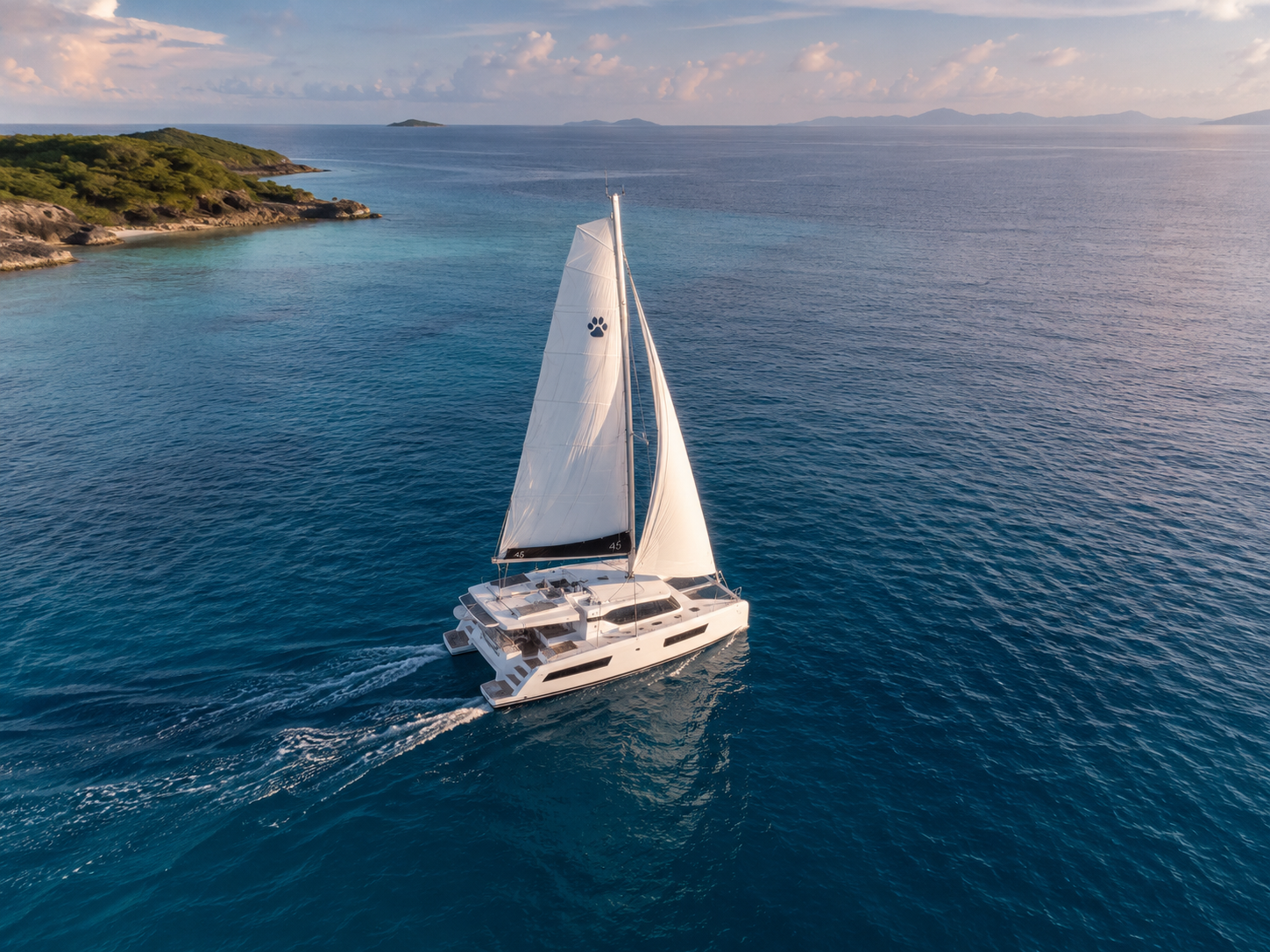 leopard catamaran sailing on a delivery in flat water