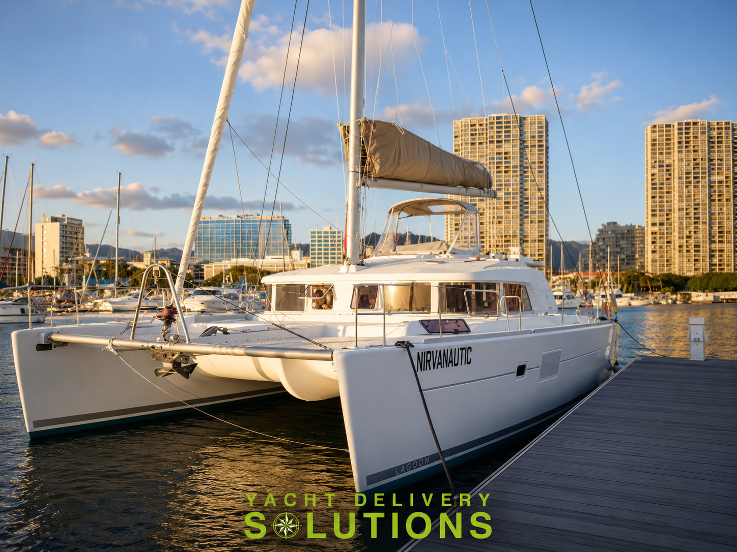 white lagoon 440 on a dock taken from the bow after a yacht delivery