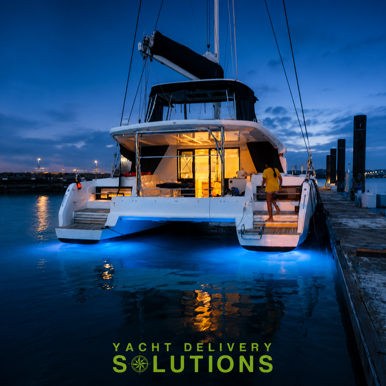 lagoon 50 at night with blue underwater lights on the dock for a yacht delivey