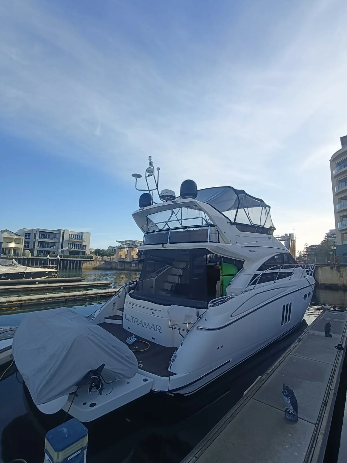 princess P50 on the dock view from the aft for a yacht delivery