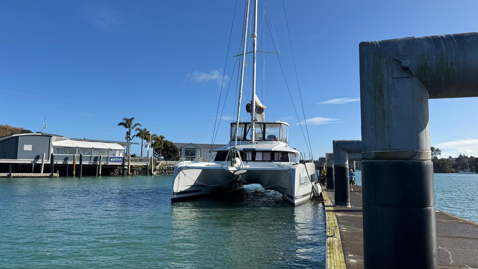 Fountaine Pajot catamaran tied to the dock after a yacht delivery looking atthe stern